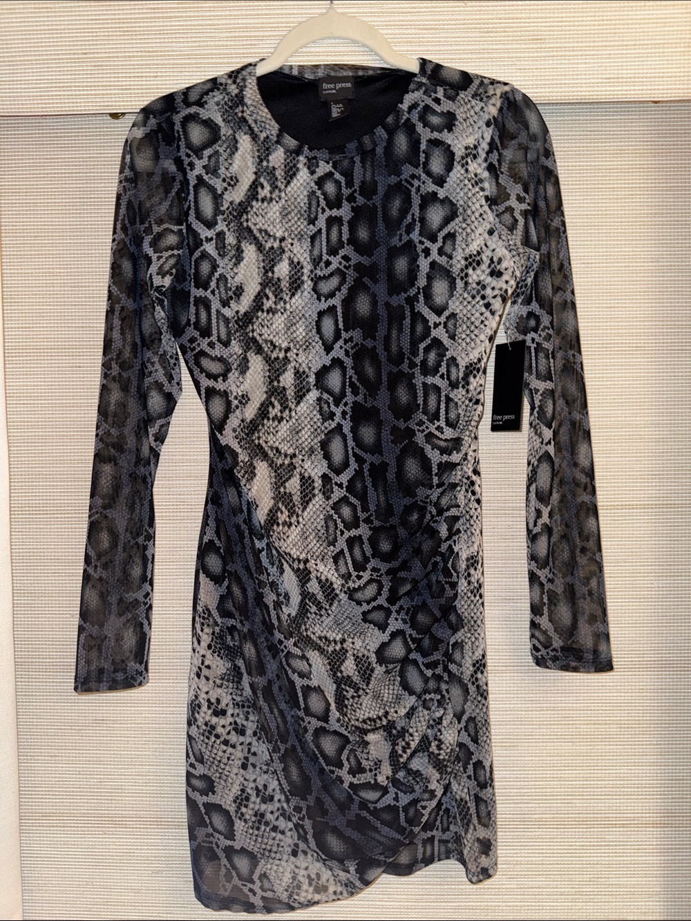 Free Press Blue & Gray Snake-Print Sheer Long Sleeve Bodycon Dress Size S